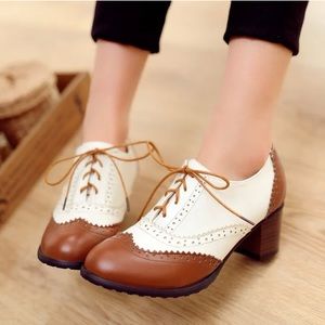 Womens Pumps High Block Heel Wingtip Oxford Shoes Lace Up Brogues Casual Brown